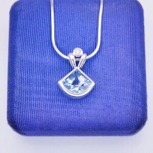 925 Italy Sterling Silver Swiss Blue & Clear CZ Retro Pendant Necklace Signed